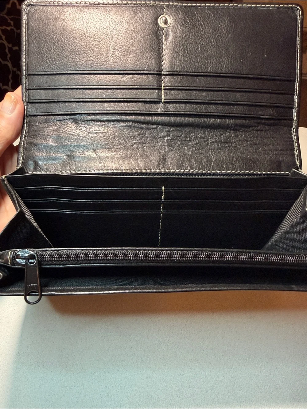 Kenneth Cole Black Leather Foldover Wallet with Contrast Stitching